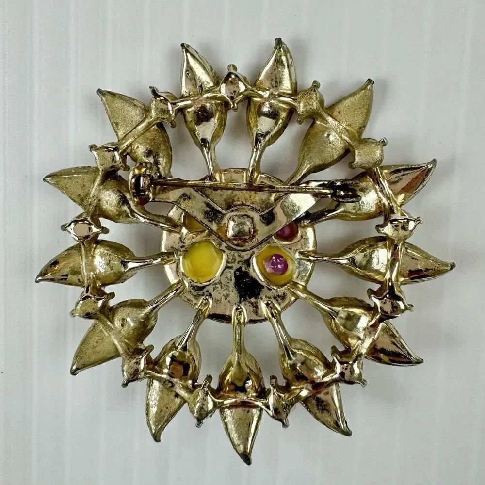Vintage Pink Rhinestone Sunburst Brooch Gold Tone Floral Statement Pin